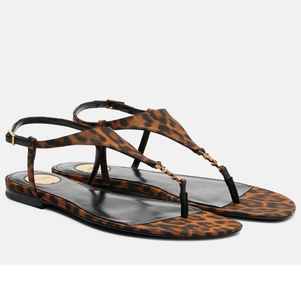 SAINT LAURENT Bridget Cassandra YSL logo leopard thong sandals